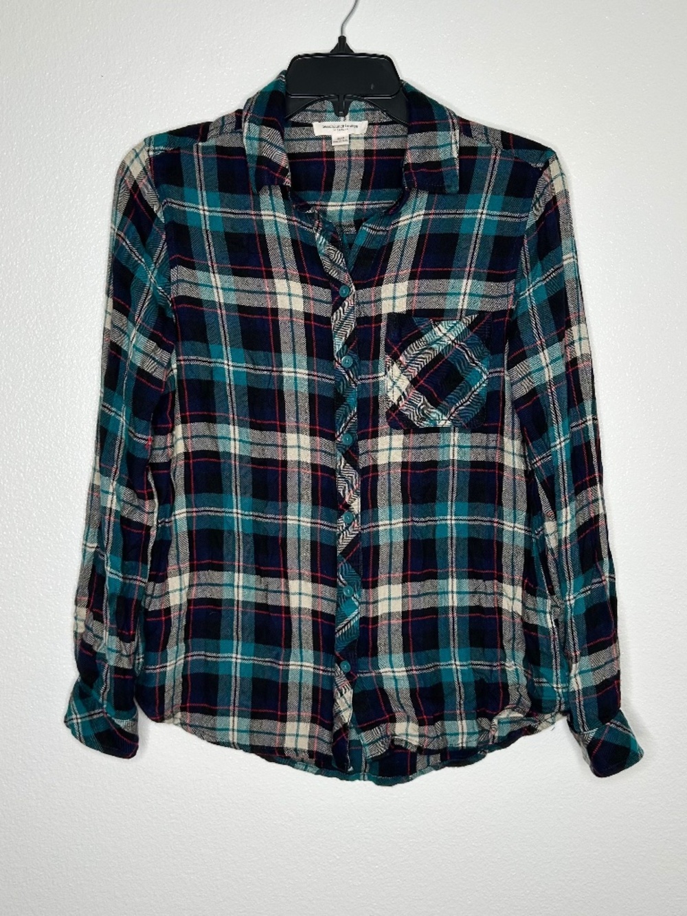 BeachLoungeLunch Womens Teal Plaid Flannel Button-Up Long Sleeve Shirt Size S